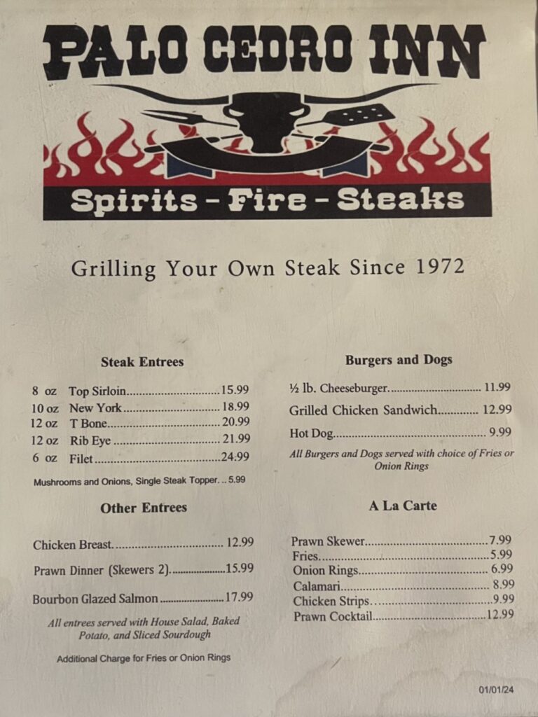 Palo Cedro Inn Menu 1
