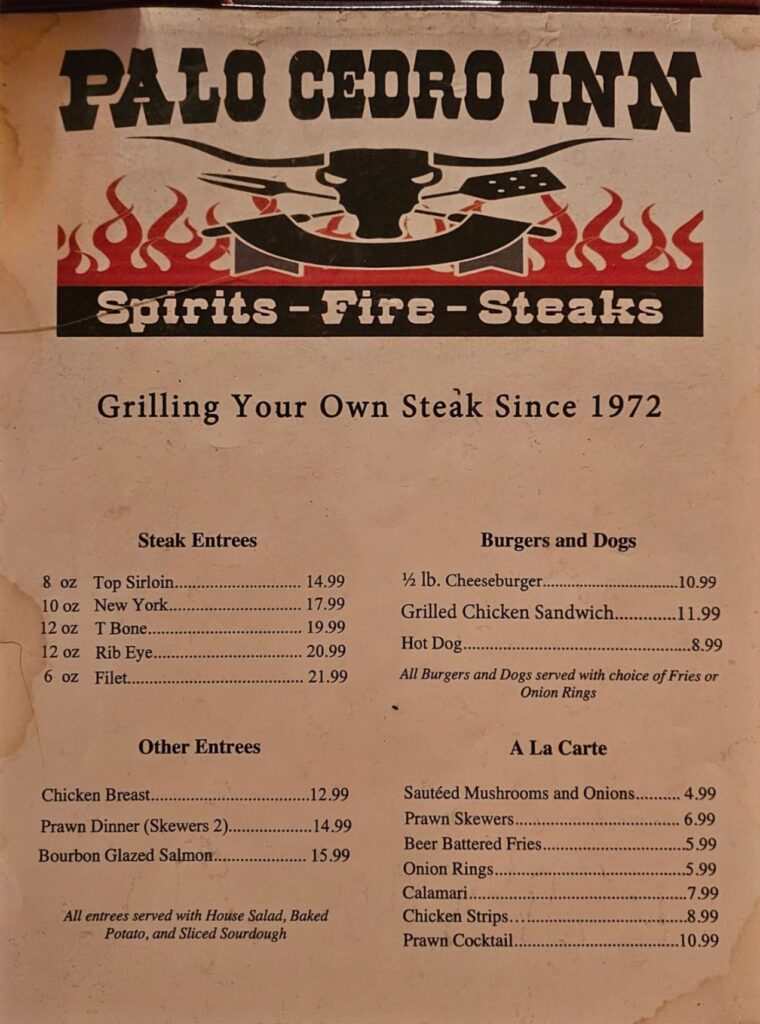 Palo Cedro Inn Menu 2